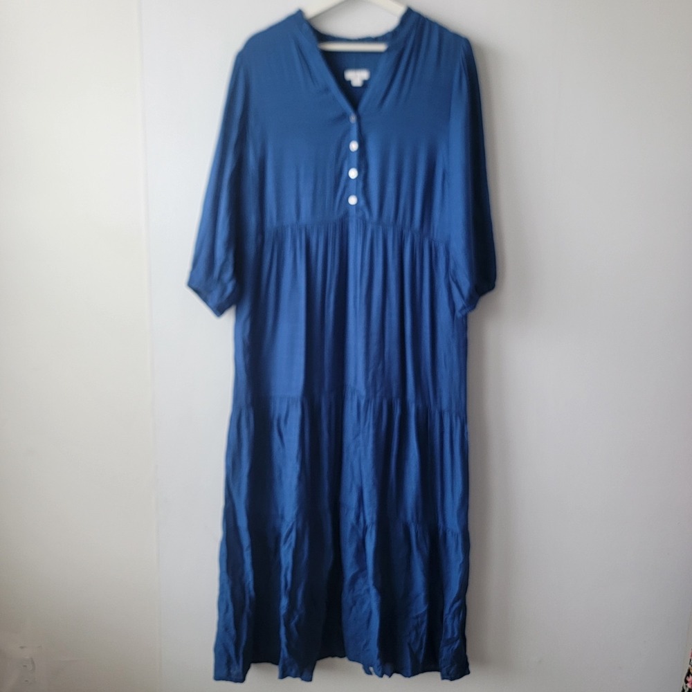 J.jill women's Ruffled-neckline Tiered Maxi Dress size M In Oceanic short sleeve